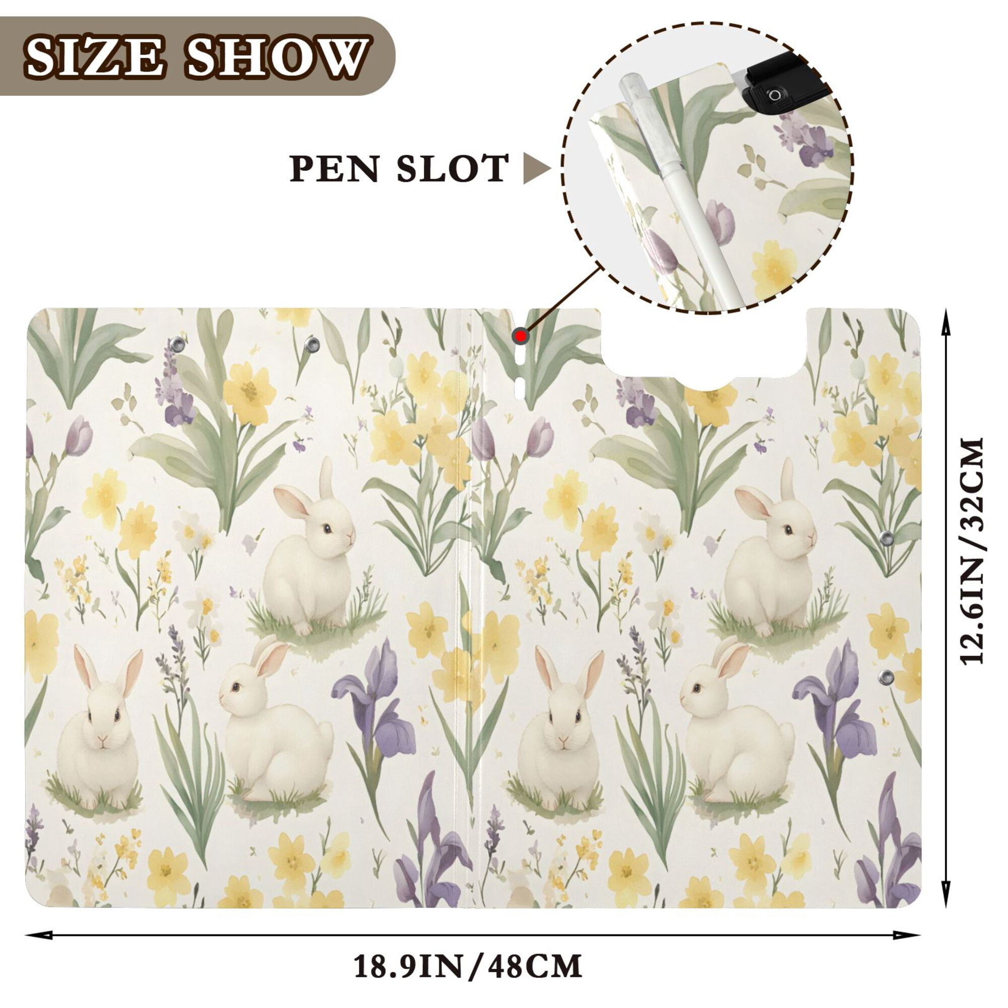 FORMRS A4 Clipboard Folder with Pen Holder Horizontal Foldable School Office Binder, Floral Rabbit