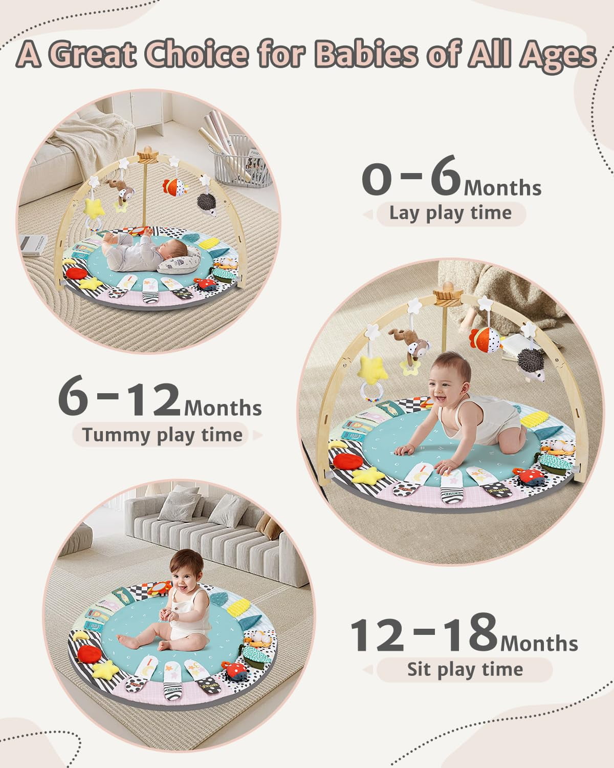 PRVAETU Wooden Baby Gym Play Mat, Foldable Tummy Time Playmat W/ 7 Detachable Toys for Infant Newborn Toddler Motor Skills Sensory Development,Green