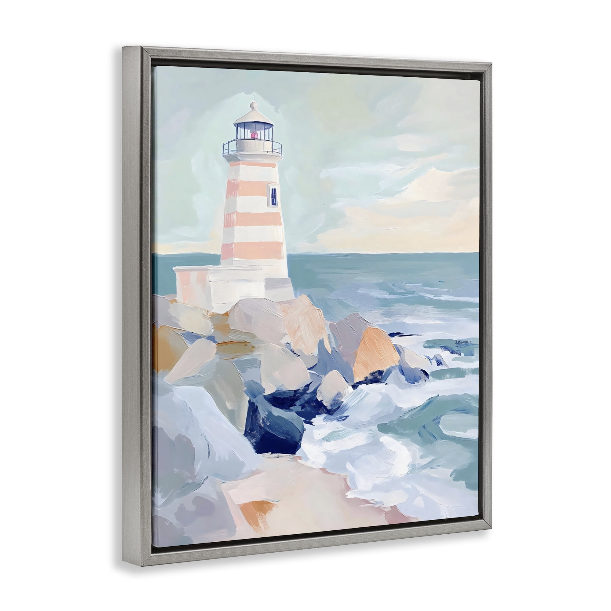 Stupell Industries Coastal Lighthouse in Pastels Gray Framed Floater Canvas Wall Art, design by Creative Studio