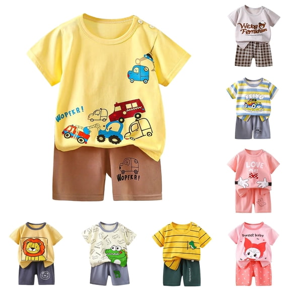 oqasdz Toddler Boys Summer Outfits Short Sleeve Crew Neck Cartoon Prints Tops and Shorts 2 Piece Playwear Formal Children Cute Clothing Set,Light Yellow,Size 18 M-24 M