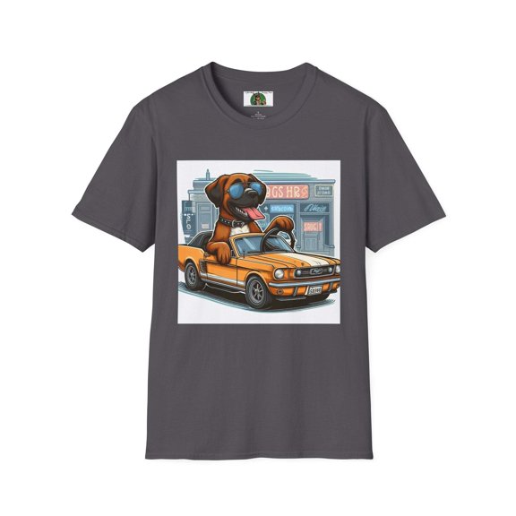 Wacky Boxer Driving a Muscle Car Unisex Softstyle T-Shirt