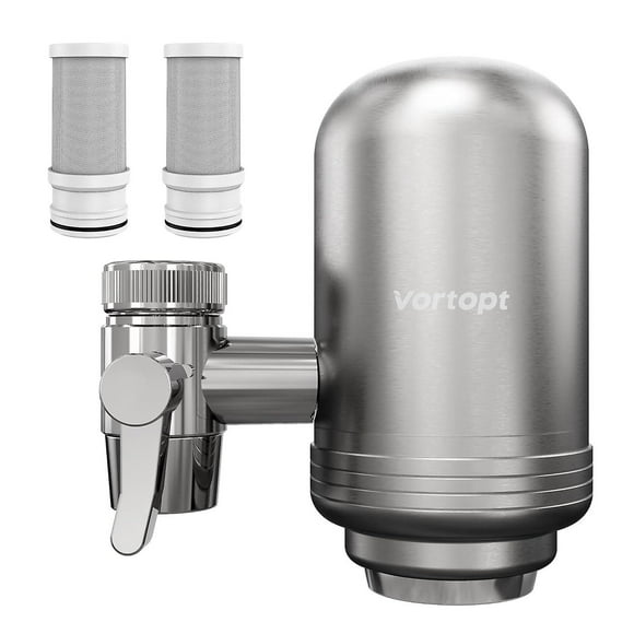 Stainless Steel Faucet Filter, 400 Gallon Faucet Water Filter, Faucet Water Purifier, Removes Sand, Chlorine and Bad Taste, 2 Filters Included -GSL