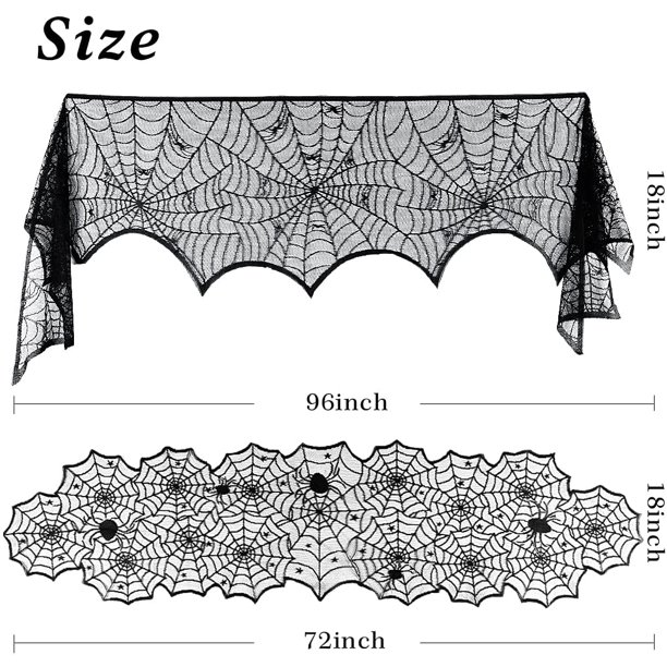 Paquete de 5 decoraciones de Halloween: bufanda para chimenea y mantel de encaje, camino de mesa redondo, telara?a elástica de 60 g y 72 murciélagos aterradores en 3D para la fiesta de Halloween ZefeiWu 8390615854078