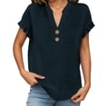 thumbnail image 4 of CYMMPU Women's Summer Solid Color Cotton Linen Button Front Blouse, Casual Loose Lightweight Short Sleeve Top Navy XXL, 4 of 7