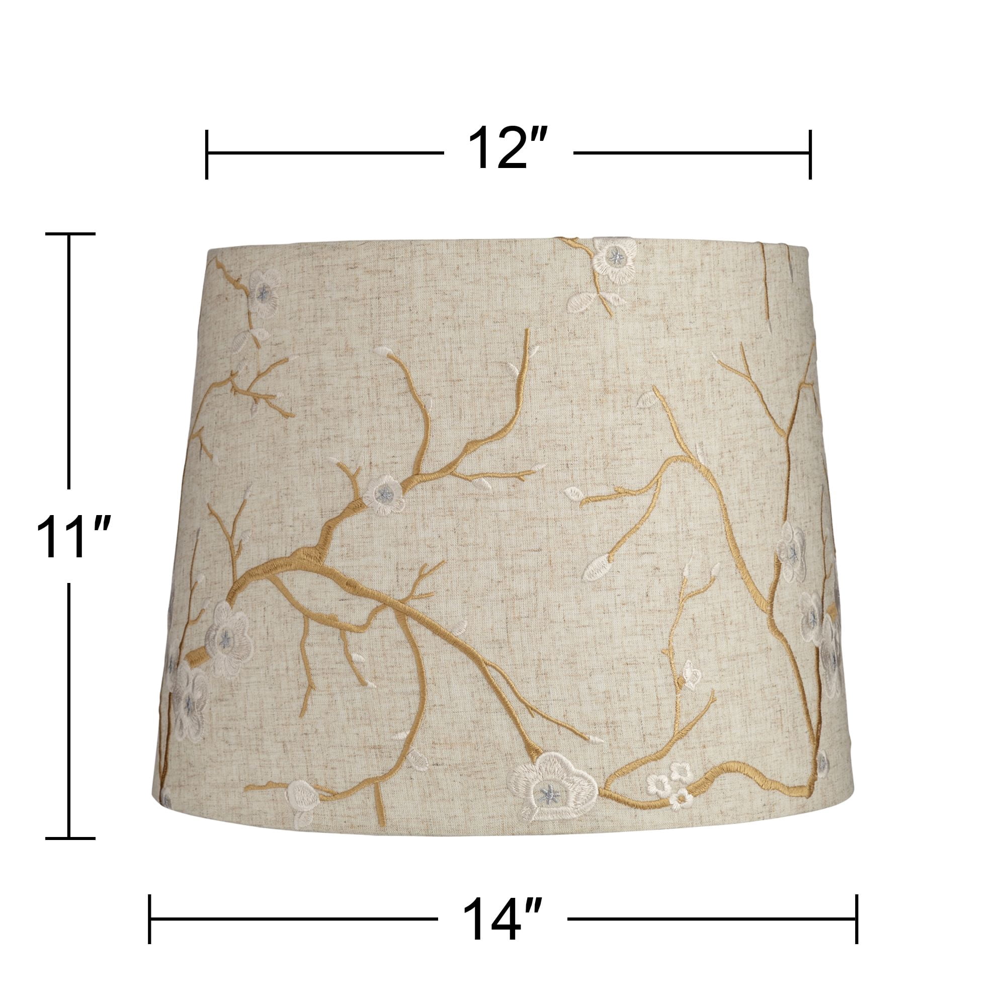 Springcrest Beige Plum Flower Embroidery Medium Drum Lamp Shade 12" Top x 14" Bottom x 11" Slant (Spider) Replacement with Harp and Finial