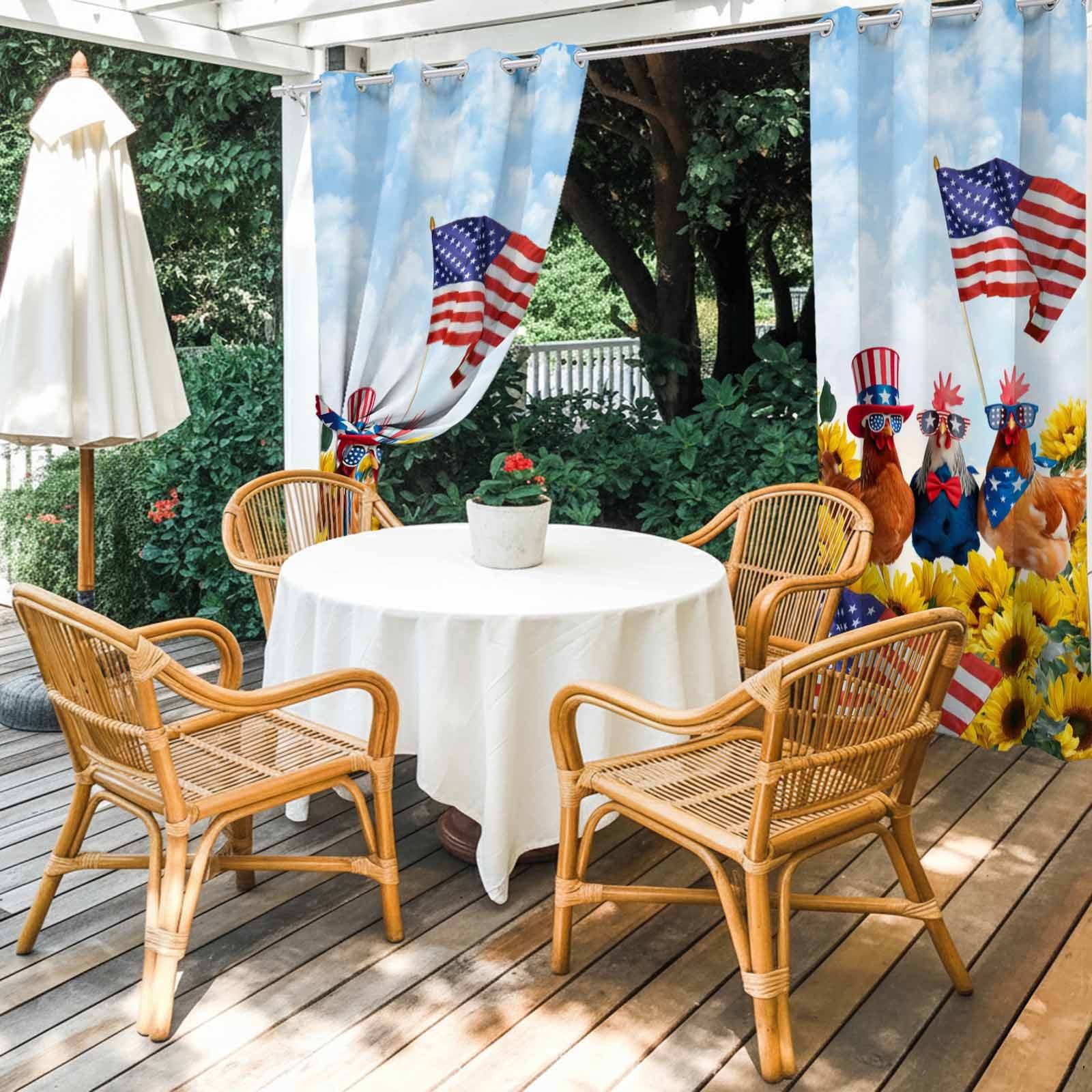 Independence Day Outdoor Curtains for Patio, U.S. Flag Themed Farm Rooster Sunflower Farmhouse Sunshade Privacy Drapes Grommet Waterproof Outside Curtains for Porch/Cabana/Balcony 54"x 108", 1 Panel