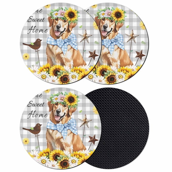 Sunflowers Dog Coasters Set of 4, Absorbent Coasters for Drinks, Spring Watercolor Floral Stars Grey Plaid Coaster for Desk Coffee Table Protection, Home Decor House Warming Gifts 4"