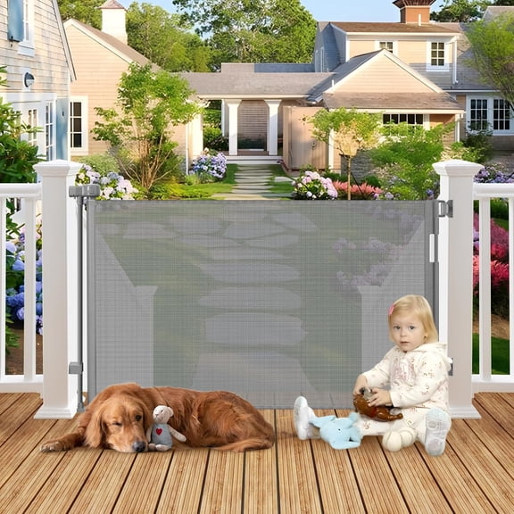 Weatherproof Outdoor Retractable Dog Gate for Deck with No Rust Stainless Steel Screws and Rods, 55" Wide Waterproof Retractable Gates for Doorways, Safety Mesh Outdoor Dog Gate for Pet, Gray
