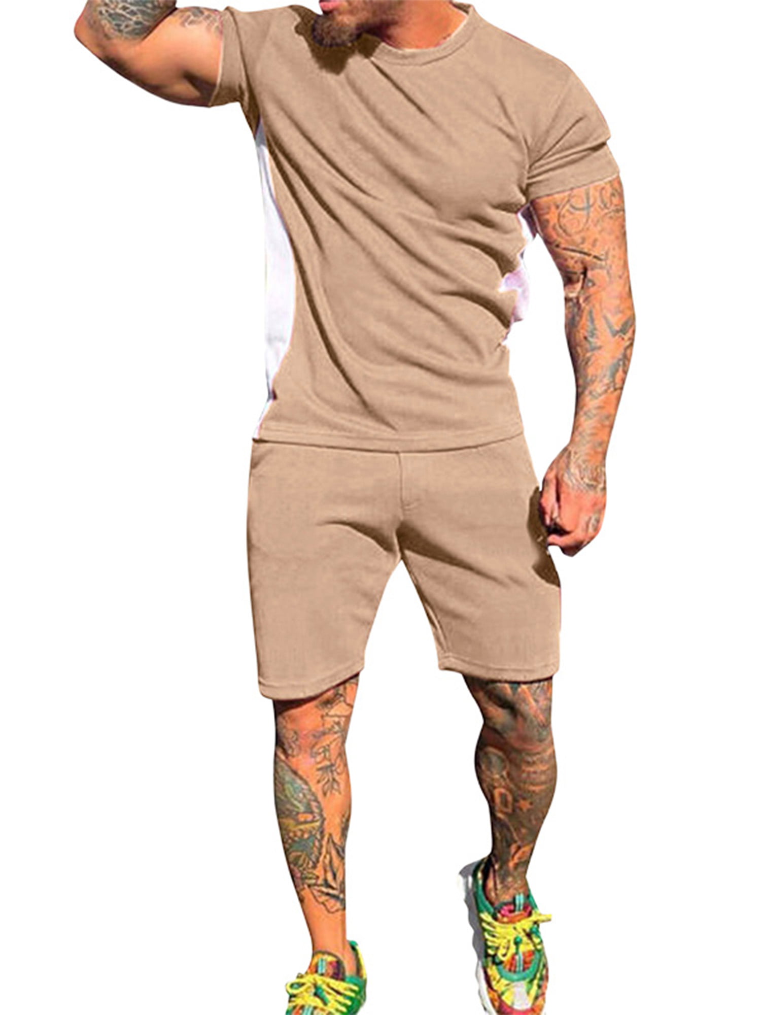 Men Athletic Tracksuit Short Sleeve Shirt Shorts Set 2 Piece Outfits Sportswear