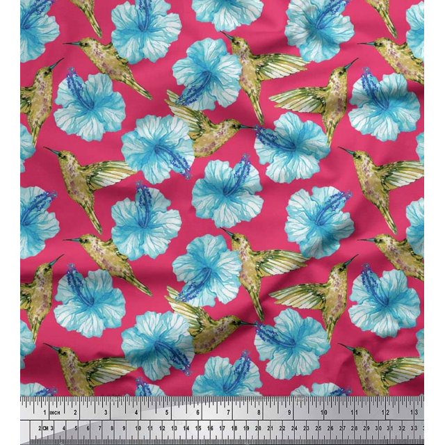 Soimoi Cotton Voile Fabric Hummingbird & Floral Printed Fabric 1 Yard 42 Inch Wide
