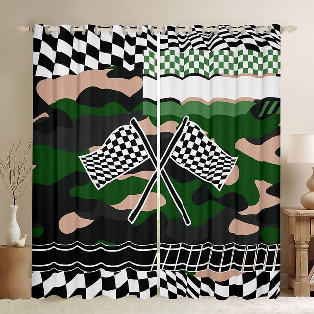 YST Rideaux Occultants Voitures de Course, Échiquier Automobile de Course Rideaux de Sport pour Garçons Drapeau Camouflage Rideaux à Carreaux & Draperies Cool Sports Vitesse Rideaux de Fenêtre 52 Pieds'Lx84 Pieds'L(30 %-50 % Occultation)