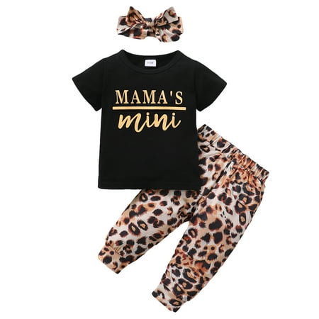 

Kucnuzki 2T Baby Girl Summer Outfits Pants Sets 3T Sleevless Short Sleeve MAMA Mini Letter Prints Tops Elastic Leopards Prints Pants Headband 3PCS Set Black