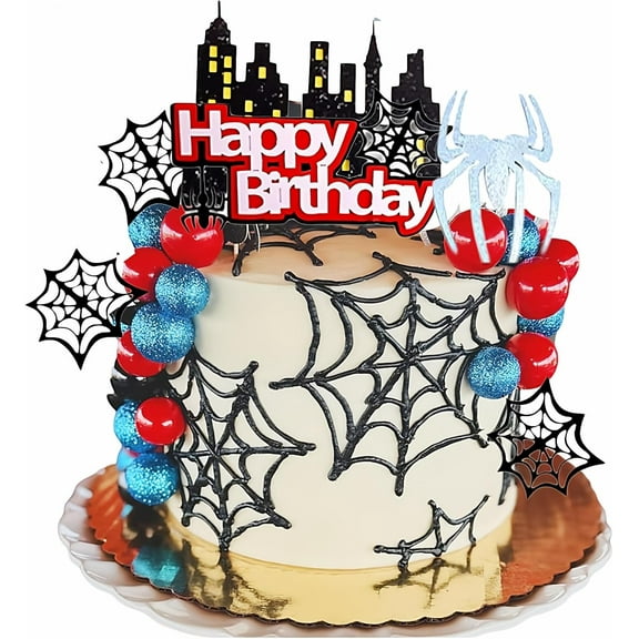 Spider Cake Topper, Spider Web Cake Decorations Spiders Theme Cake Decor Glitter Happy Birthday Toppers Red Black Blue Balls Cupcake Topper for Boys Men Baby Shower Party Supplies