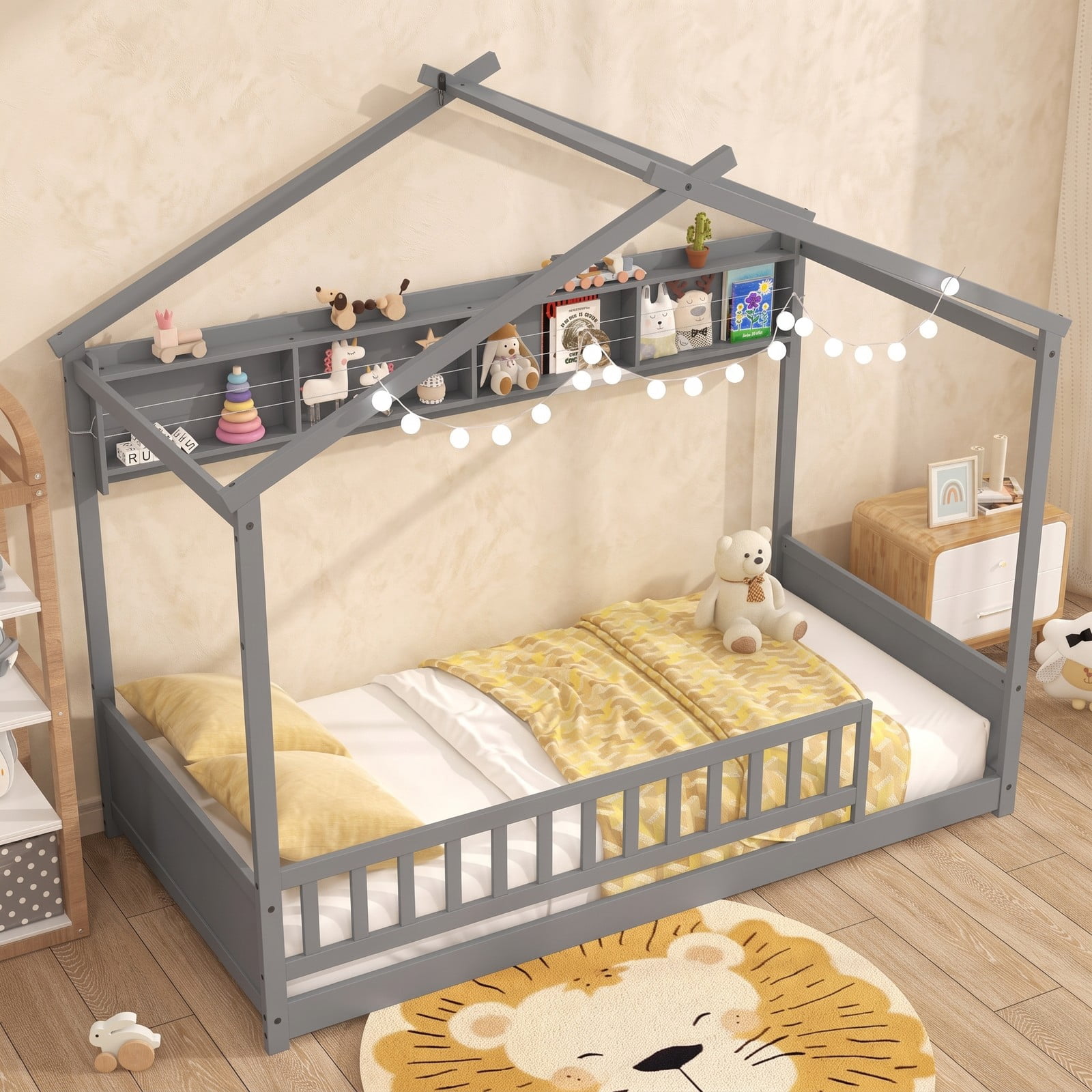 Furnibear Twin Bed Frame with Headboard, House Bed with 4 Cube Storage Shelf and 17 Inch Safety Guardrails for Kids Room, Gray