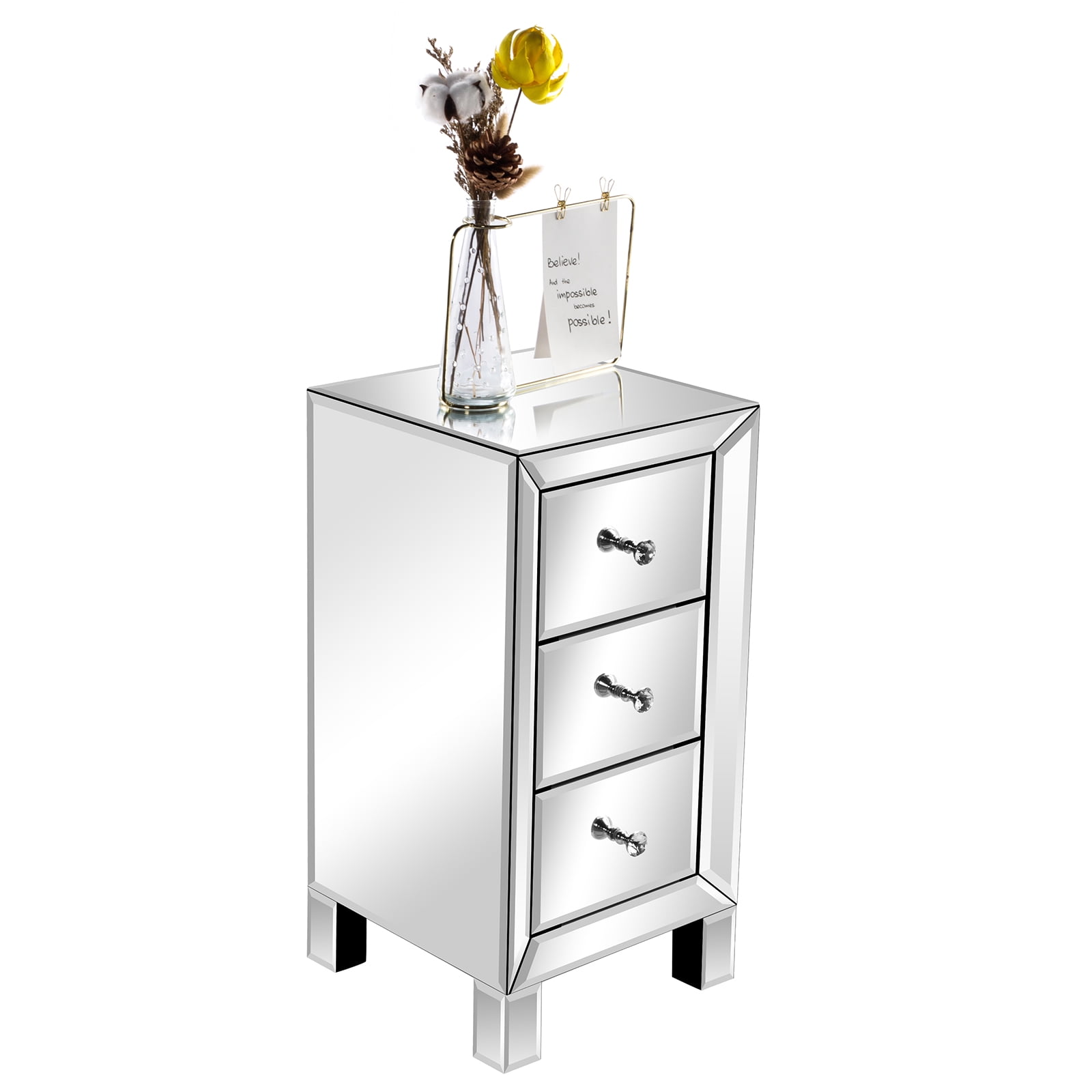 3-Drawer Mirrored Bedside Table MDF Cabinet with Mirrored Drawers, Silver