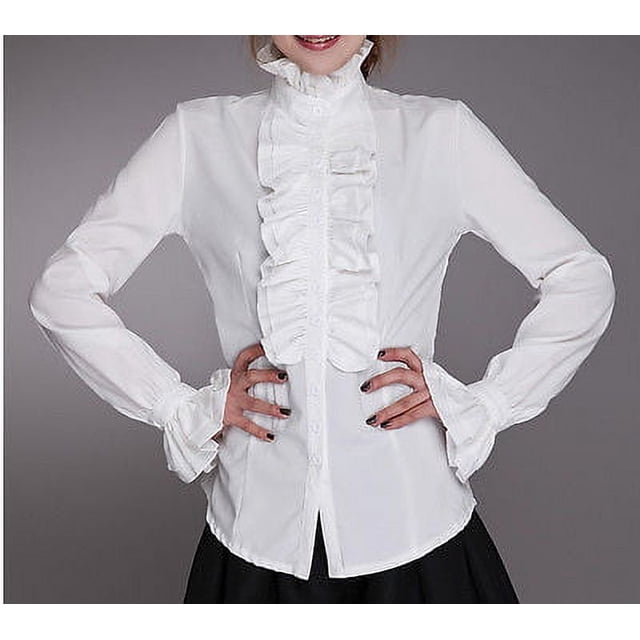 Women‘s Blouses Spring Office Fashion Shirts High Neck Frilly Ruffles Cuffs Pleated Tunic Tops Plus Size White. This plus-size white blouse features a ruffled high neck, pagoda sleeves, and a slim fit design with single-breasted closure. Made of cotton and polyester, it offers comfort and breathability. Ideal for office, business, or casual occasions.