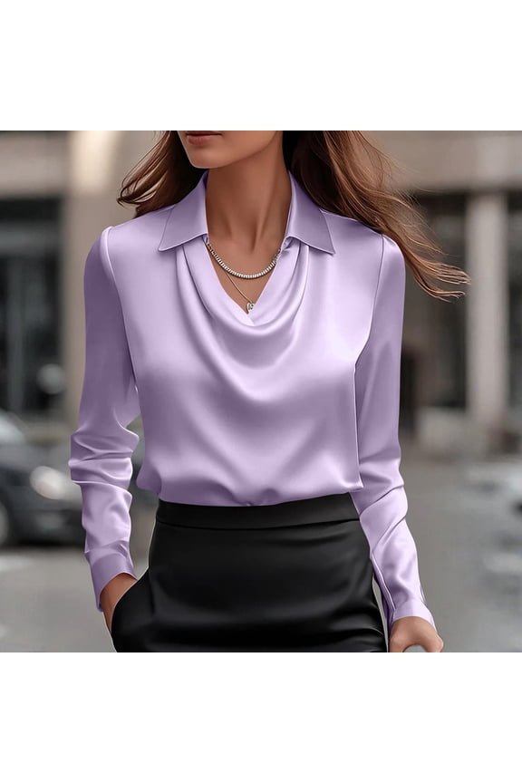 Women's Elegant Solid Color Satin Cowl Neck Blouse Long Sleeves Casual Business Dressy Shirts Office Work Ladies Top Purple L