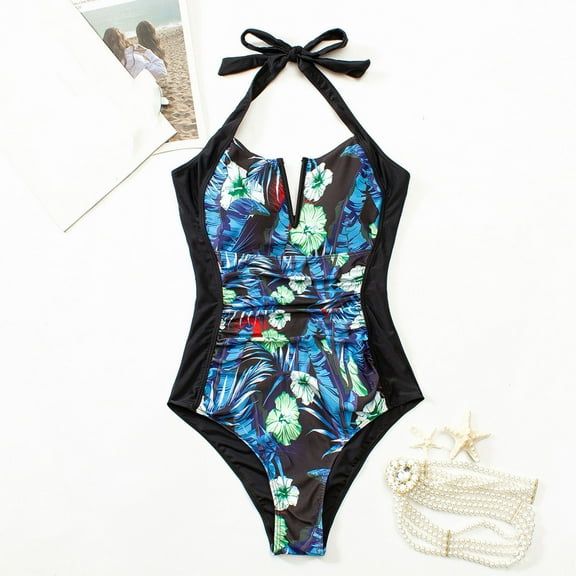 Jjayotai Swimsuits for Women, One Piece Tummy Control V-Neck Halter High Cut Bathing Suit, Tropical Floral Print Vacation Swimwear Multicolor~ S
