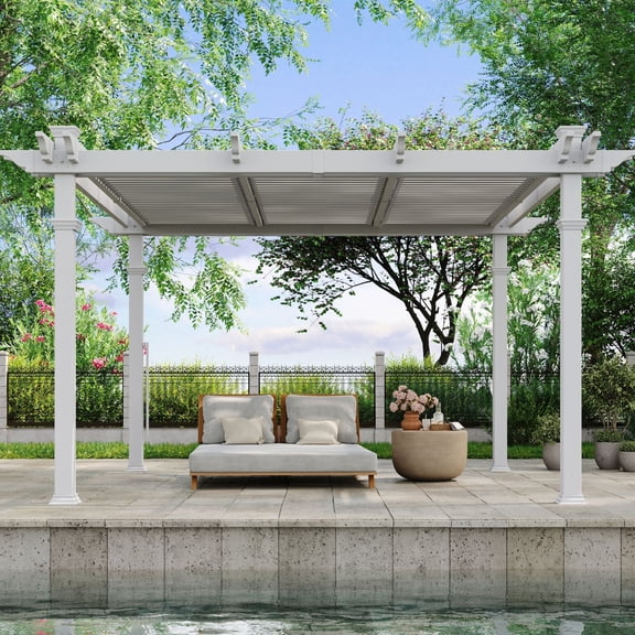 Vita 144"L x 144"W x 104"H Vinyl Camelot Louvered Pergola, White, VA42070