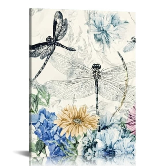 Sheronv Flowers Dragonflies Fine Art Aesthetic Poster & Print Wall Painting for Home Office Decor 12x16 in