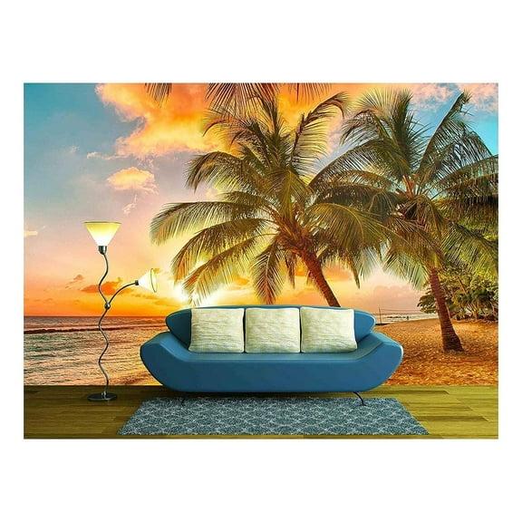 wall26 - Beautiful Sunset Over The Sea with a View at Palms on The White Beach on a Caribbean Island of Barbados - Removable Wall Mural | Self-Adhesive Large Wallpaper - 100x144 inches