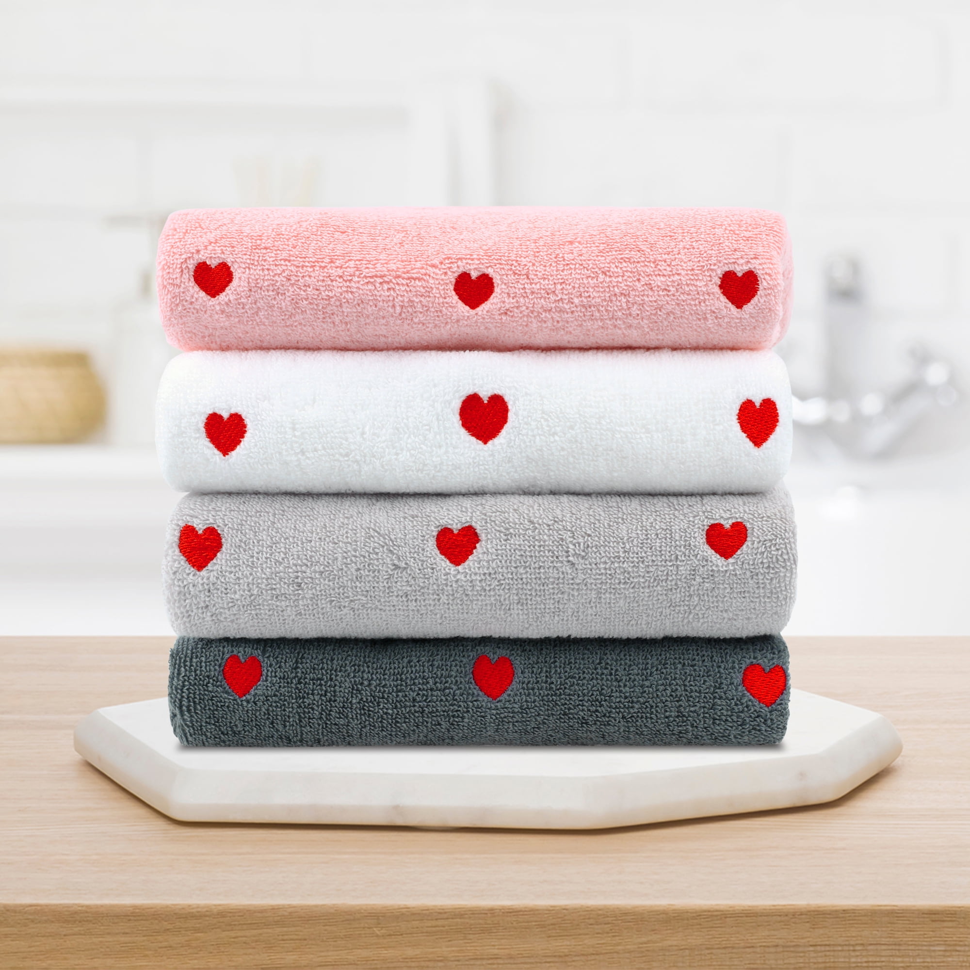 Unique Bargains 4 Pcs Letter Heart Pattern Hand Towels Light Grey/White 13" x 29"