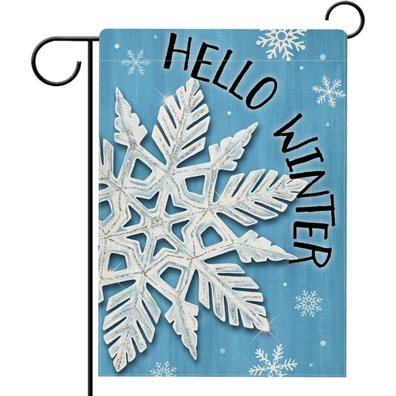 SM-XLHN Hello Winter Snowflakes Garden Flag Double Sided, Christmas Snow Black Decorative Yard Outdoor Home Small Decor, Seasonal Burlap Outside House Decoration 12 x 18