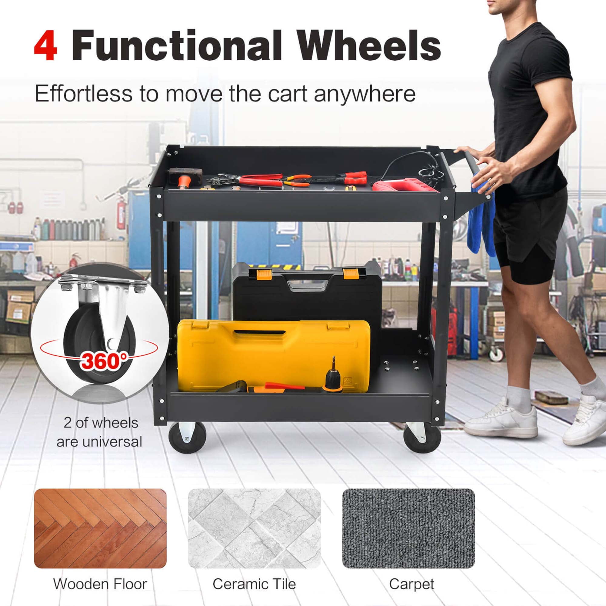 Costway 2-Tier Utility Cart Metal Service Cart Rolling Tool Storage Organizer with Handle Black