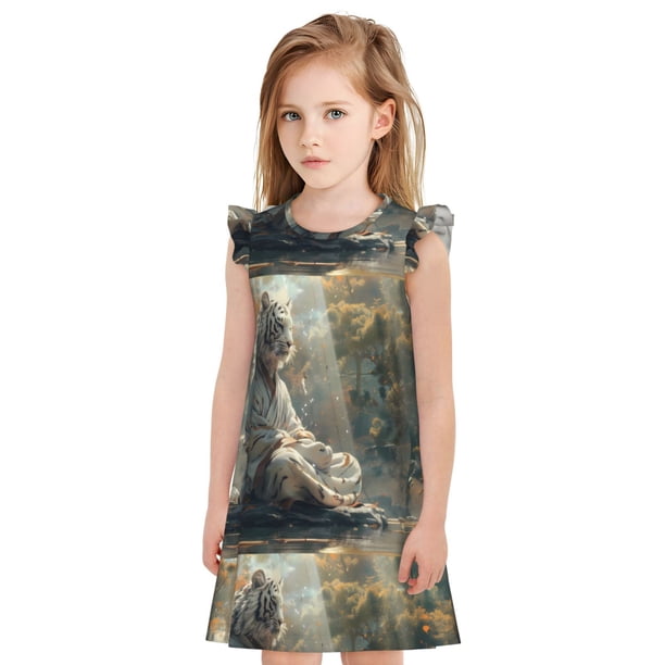 Fotbe Forest Meditating White Tiger Vestido de Dormir para Niñas de 3 a 10 Años, Mangas Cortas, Estilo Princesa, Pijama Camisón con Mangas Voladas-X-Large