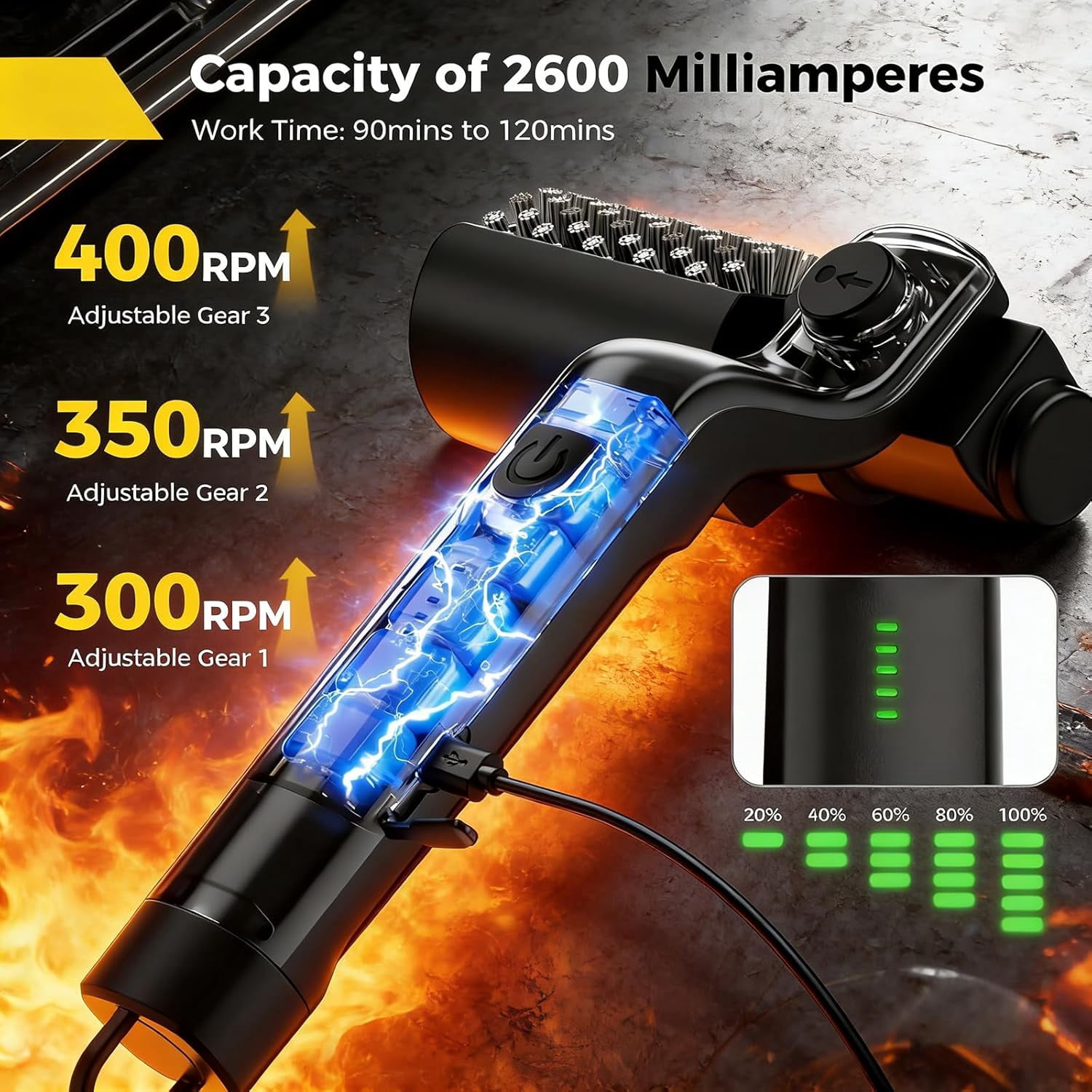 Electric Grill Brush, BBQ Cleaner with Powerful Motor, Rechargeable Cordless Grill Cleaning Brush for Burnt-On Grease & Grill Grates
