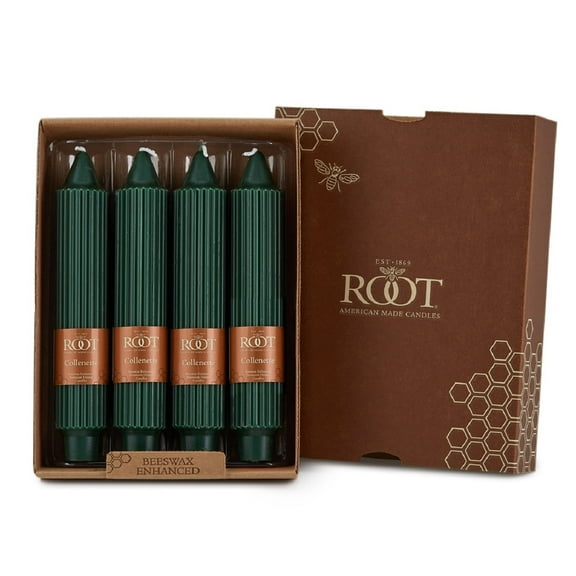 ROOT Unscented Grecian Collenettes Taper Candles, 7-Inch Tall, Box of 4, Dk. Green