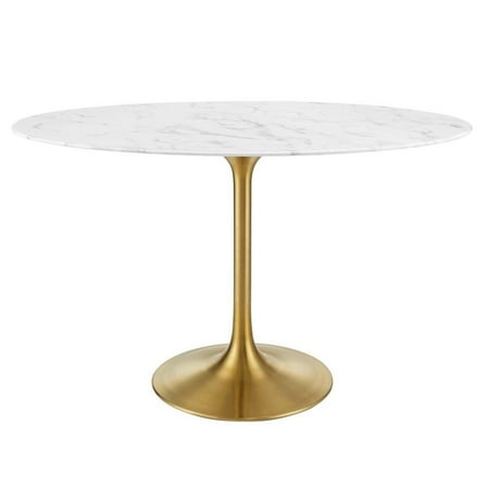 Pemberly Row 48" Oval Faux Marble & Metal Dining Table in Gold and White