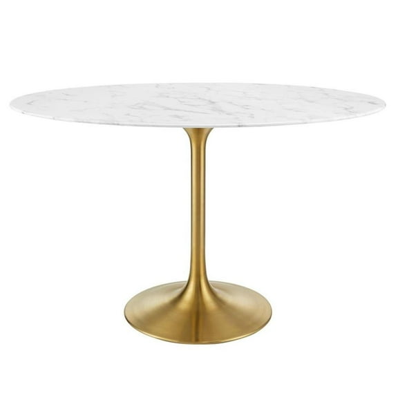 Pemberly Row 48" Oval Faux Marble & Metal Dining Table in Gold and White