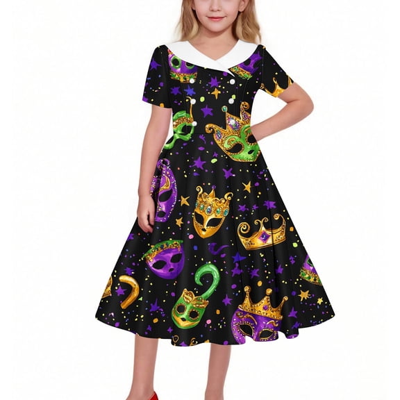 Favoffer Big Kid Girls Short Sleeve Dress Spring Summer Carnival Print Turndown Neck Stretchy A-line Twirly Gown for Daily School Party Recital Sizes 5-14Y