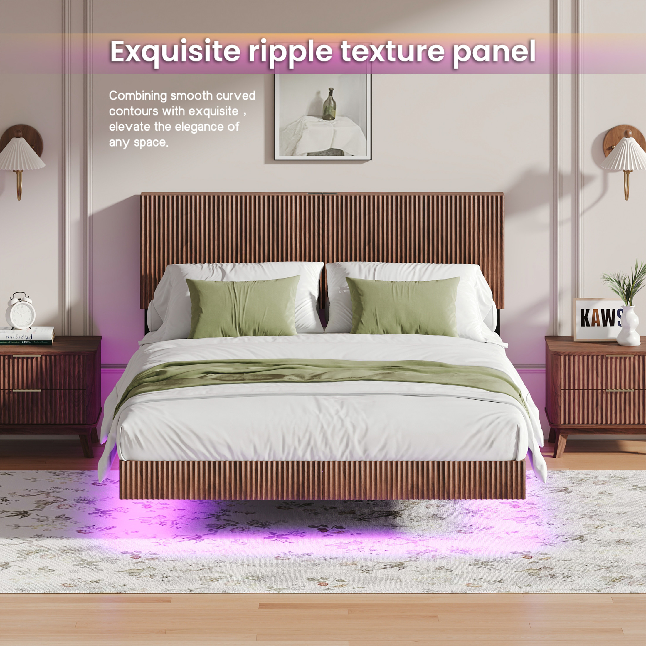Noble House Modern Queen Floating Bed Frame with Charging Station, LED Lights & Wavy Headboard, Walnut