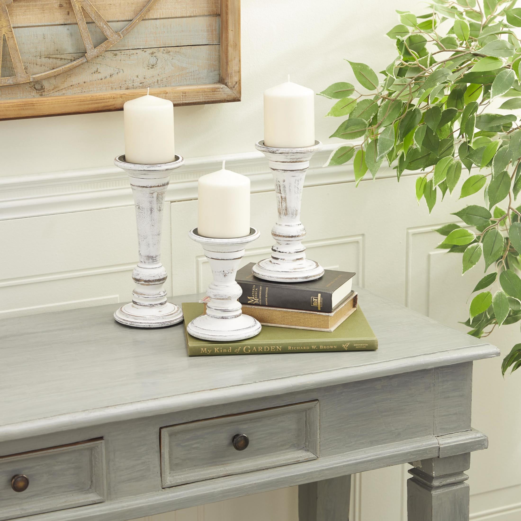 DecMode 3 Candle White Wood Candle Holder, Set of 3