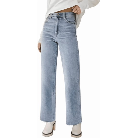 Olaglory Straight Leg Jeans for Women Trendy, High Waisted Elastic Waist Frayed Denim Pants, Casual Loose Stretchy Cropped Wide Leg Jeans, Light Blue