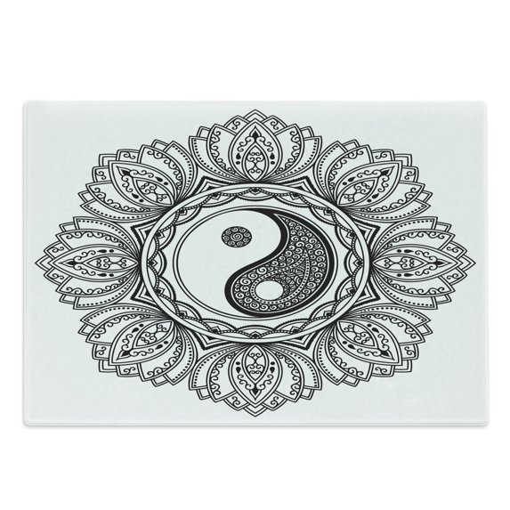 Ying Yang Cutting Board, Mandala Circle Floral Style Design Bohemian Print Yoga Arts, Decorative Tempered Glass Cutting and Serving Board, Large Size, Black White, by Ambesonne