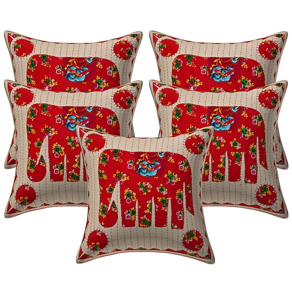 Stylo Culture Ethnic Sofa Throw Pillow Covers 16x16 Applique Kantha Patchwork Red Bohemian 40 x 40 cm Bedroom Cotton Elephant Square Cushion Covers | Set Of 5