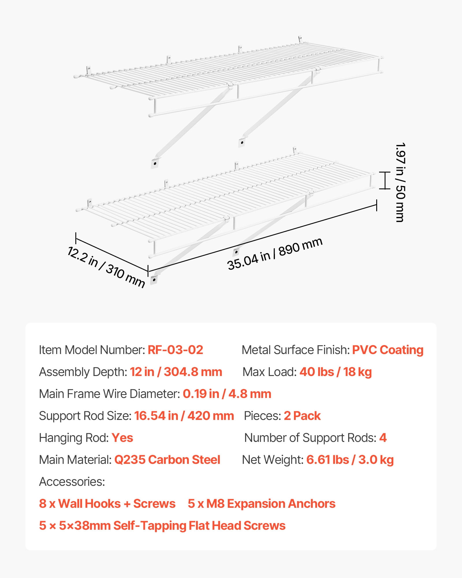 VEVOR Wire Shelf Kit, 3 ft, Set of 2, Wall Mounted Wire Shelves, Heavy-Duty Carbon Steel Hanging Shelf, Floating Wall Storage Shelves with Dip Coating, for Closet, Bedroom, Living Room, Office,Pantry