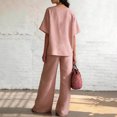 thumbnail image 5 of Women's 2 Piece Cotton Linen Set, V-Neck Short Sleeve Button Top & Drawstring Wide Leg Pants, Casual Summer Loungewear Outfit with Pockets, Loose Fit,Pink,XL, 5 of 5