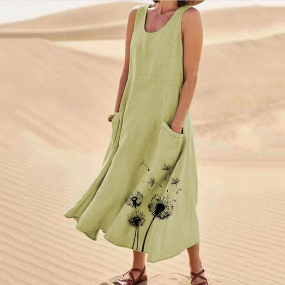Yotami Women's Casual Dresses Summer Round Neck Beach Maxi Linen Dress with Pocket Sleeveless Swing Floral Dresses Green L