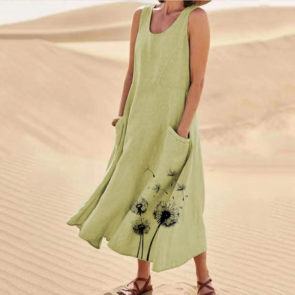Summer Floral Print Maxi Dress Womens Sleeveless Crew Neck Breathable Flowy Maxi Dress with Pockets for Beach Sporty Dresses for Women Green XXL