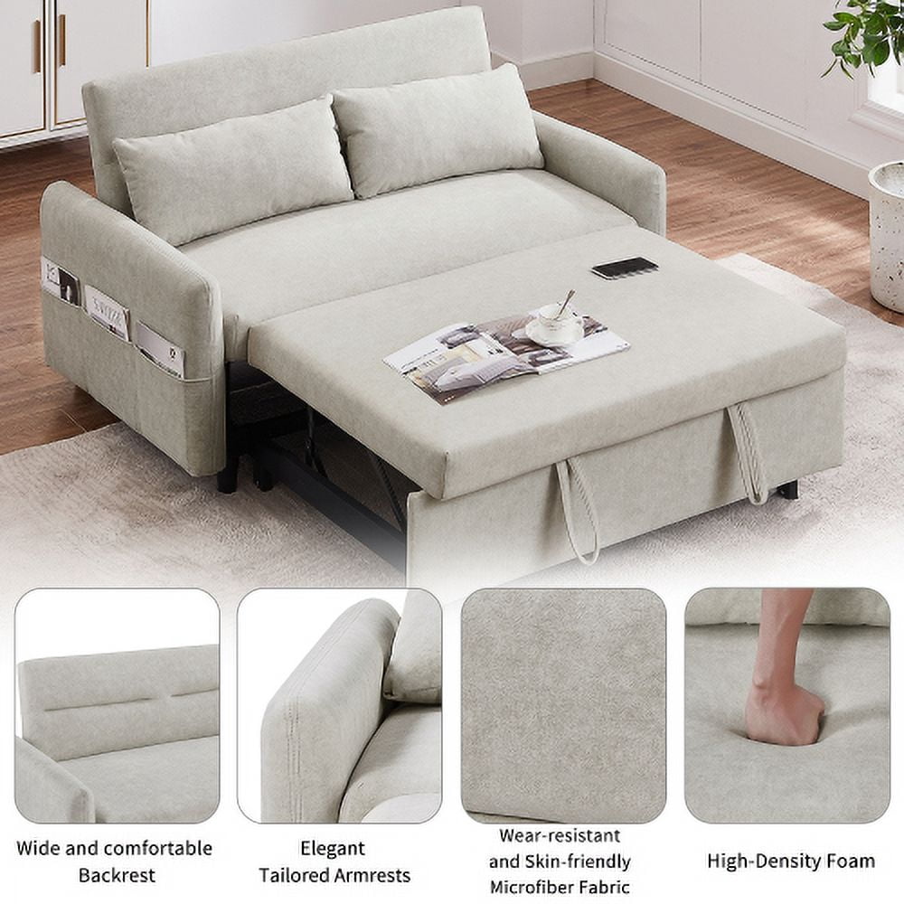 Leumius 2 Seat Sofa Couch with Pull Out Sleep Sofa Bed, Modern Loveseats with USB Ports, Beige