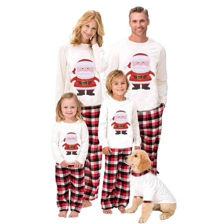 

Thaisu Christmas Family Matching Pajamas Cartoon Santa Long-Sleeves Tops with Plaid Pants Suit for Adult Kid Baby Pet