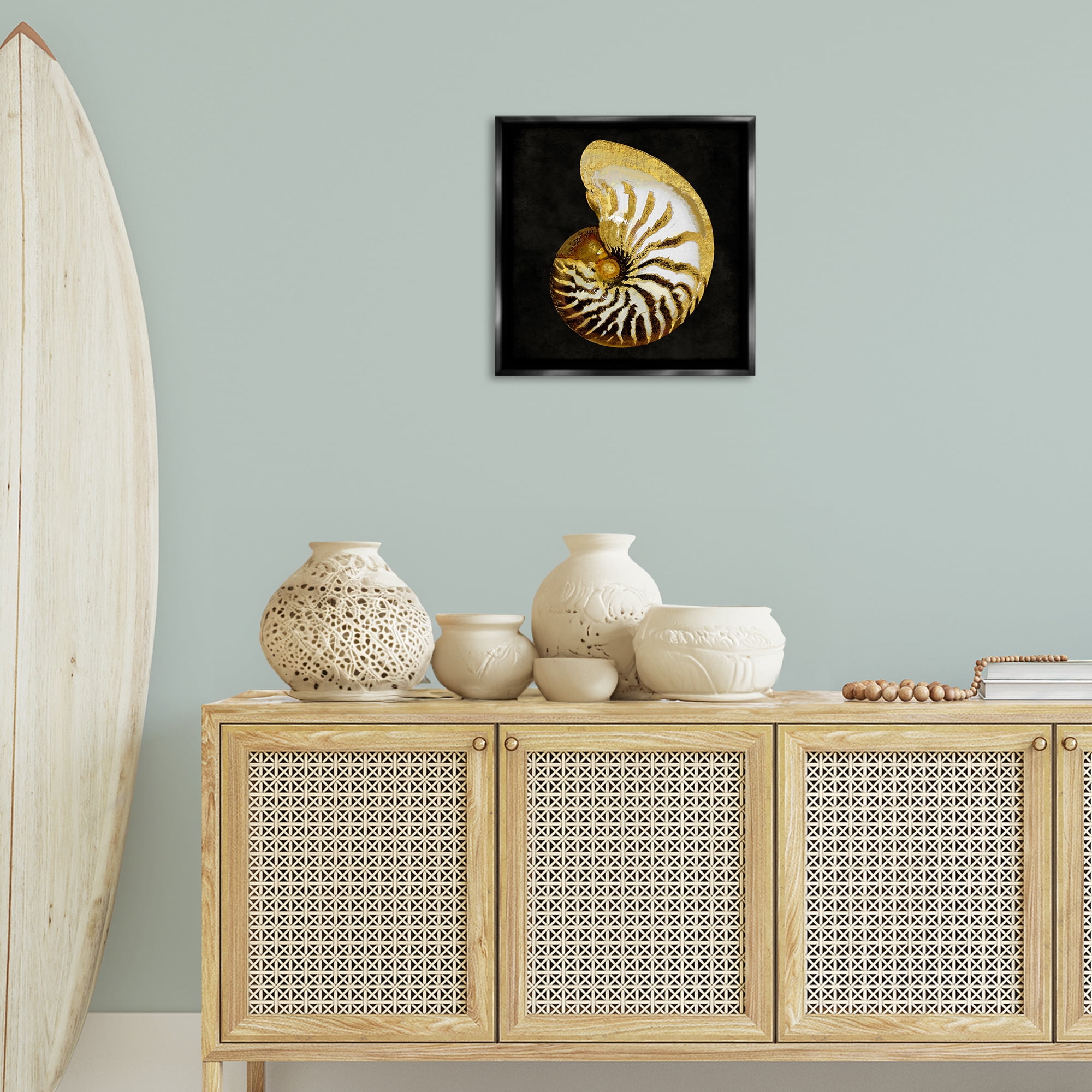 Stupell Industries Spiral Patterned Shell Nautical & Beach Painting Black Floater Framed Canvas Art Print Wall Art, 18 x 18