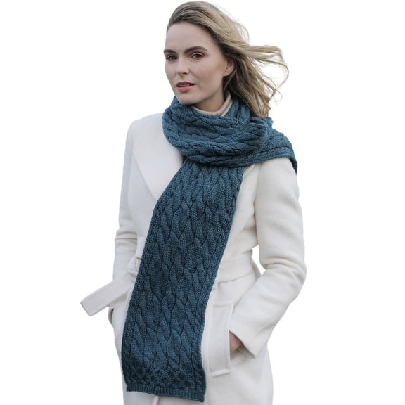 Aran Woollen Mills Irish Traditional Scarf Cold Weather Knit Wrap for Women 100% Premium Soft Merino Wool Made in Ireland | Blue