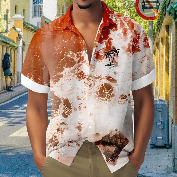 HOWPAY Men's Shirts Oversized Short Sleeve Button up Hawaiian Floral Print Tops Beach Holiday Casual Regular Fit Comfy Summer Streetwear Brown XXL