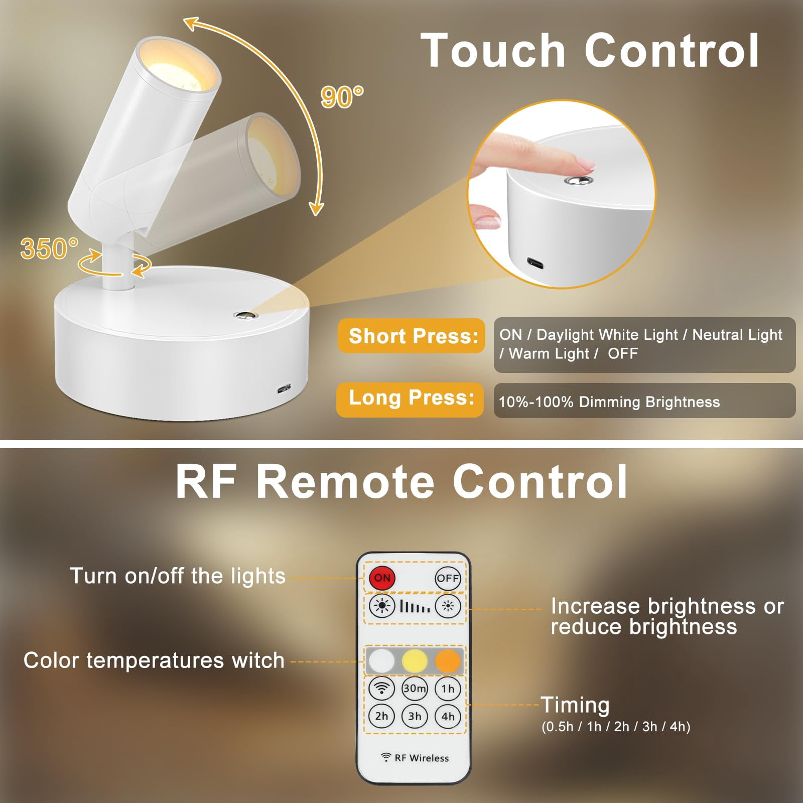 Spot Lights Indoor, Rechargeable Plant Spotlight Indoor, Wireless LED Up Lights Accent Lighting with Timer and Dimmable, Battery Powered Picture Light