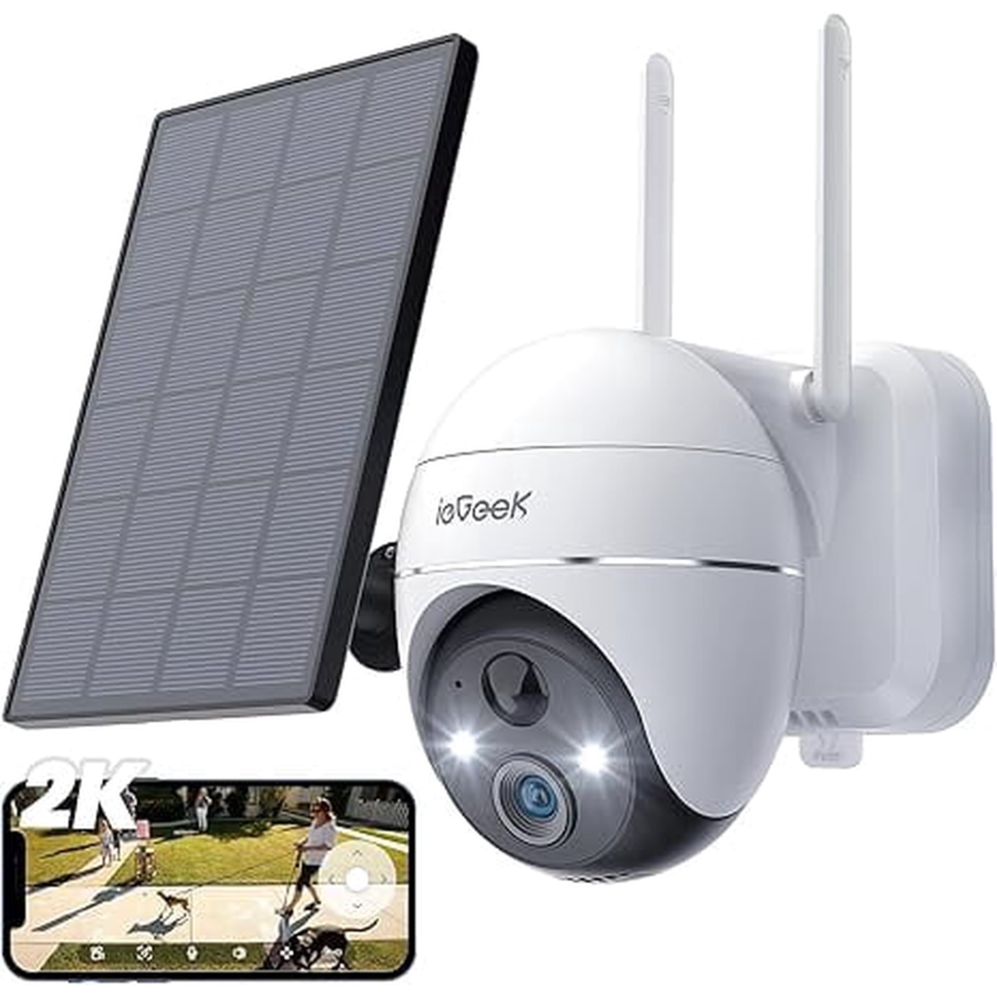 ieGeek Security Camera Outdoor, 2K Wireless WiFi 360°PTZ Camera, Solar Battery Powered Surveillance Camera with Spotlight/Siren/Motion Detection/3MP Color Night Vision,work with Alexa